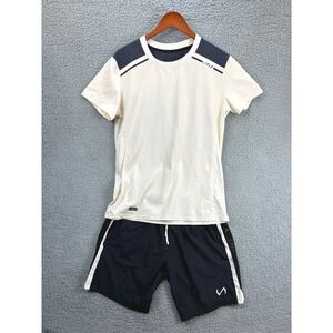 TLF Take Life Further Gym T-Shirt Shorts Set Mens L Cream Black Workout Athletic